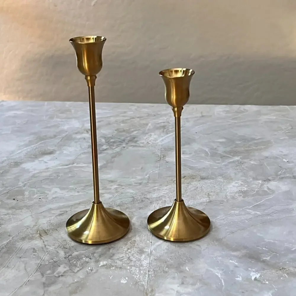 Set of 2 Gold Metal Taper Candle Holders 7.75" & 6.5" Tall - Picture 2 of 7